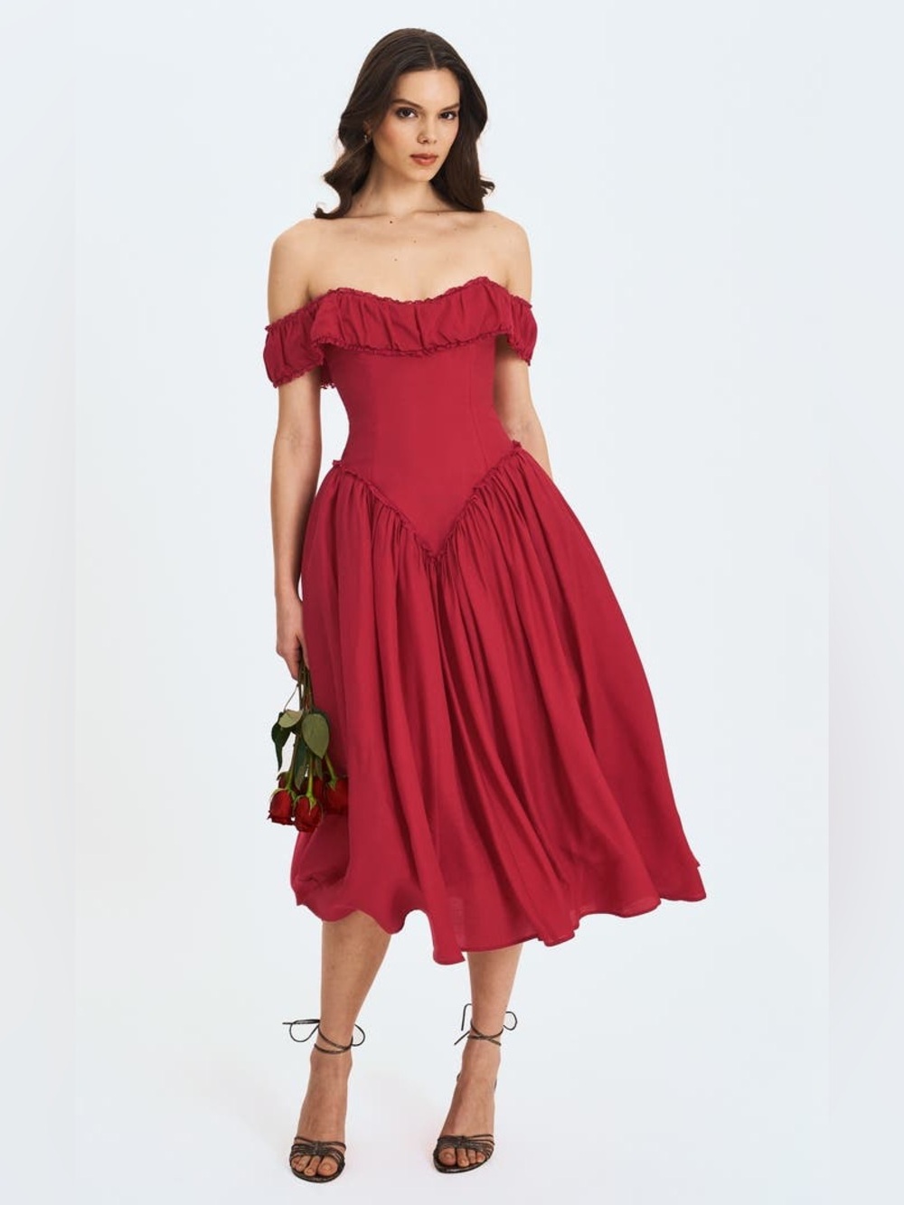 Miss Circle Off-Shoulder Red Midi Dress with Ruffle Trim Small NWT